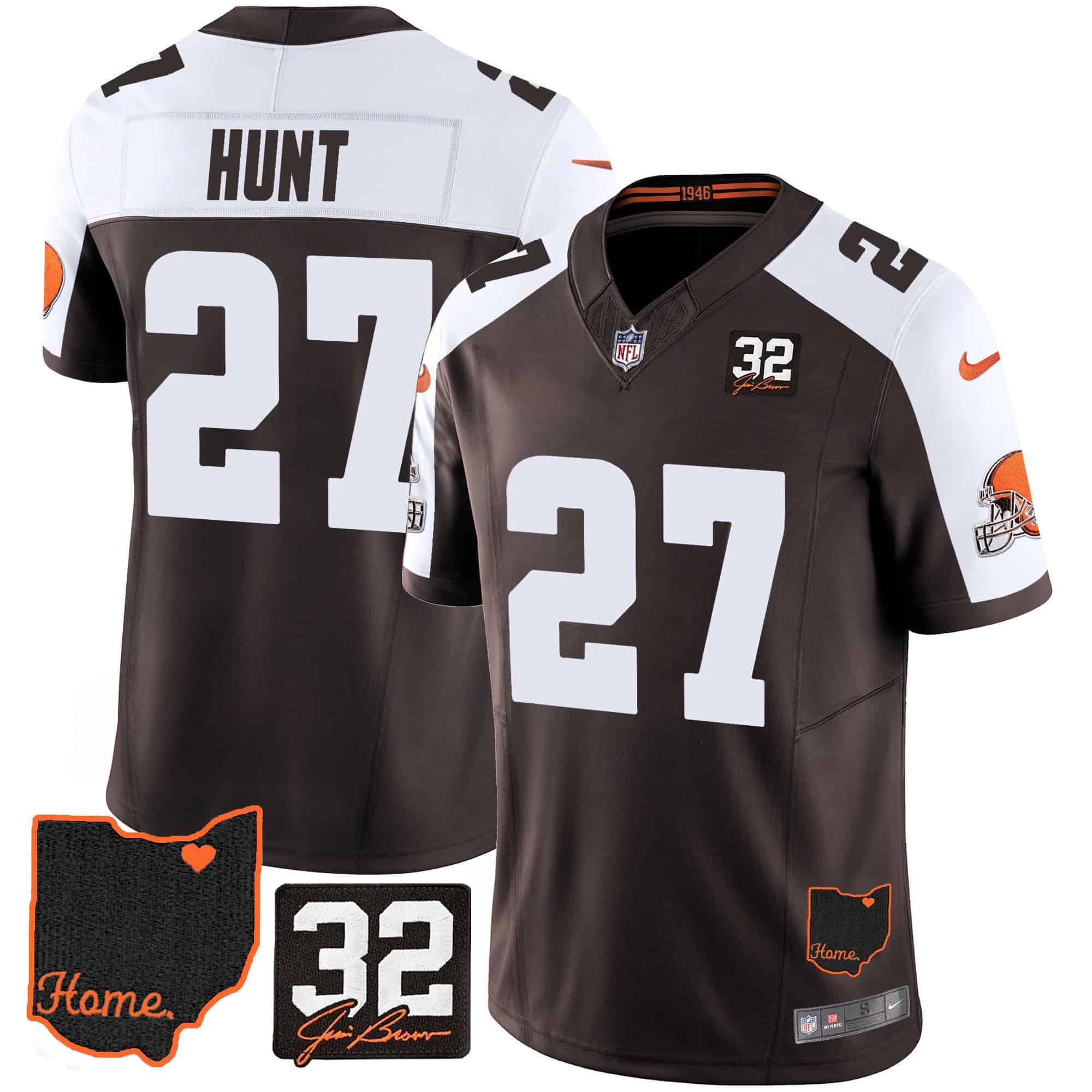 Men Cleveland Browns 27 Hunt Brown Memorial Home Patch 2024 Nike NFL Jersey
